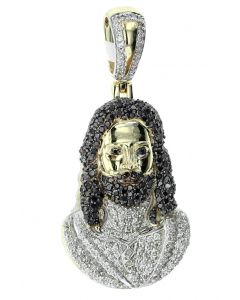 10K Gold Jesus Head Pendant With Black & White Diamonds 0.86ctw