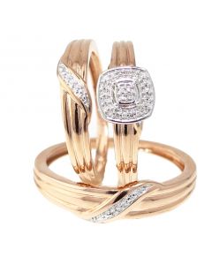 10K Rose Gold Trio Wedding Set 0.07 Ct Diamond His and Her Rings