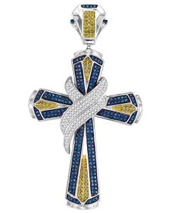 10kt White Gold Mens Blue Colored Diamond Bound Cross Charm Pendant 1-5/8 Cttw