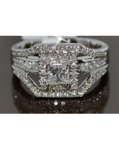 PRINCESS CUT DIAMOND RING WEDDING SET 1.4CT WHITE GOLD 3 IN 1 HALO SOLITAIRE