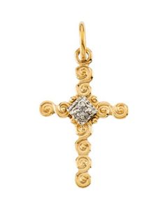 Childs Cross Pendant W/Diamond 14K Yellow Gold 12.00X10.00 Mm