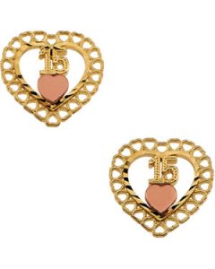 Two Tone 15Th Birthday Heart Earrings With Back 14K Yellow Gold Pair 10.75 X 10.50 Mm Two Tone 15Th Birthday Heart Earrings