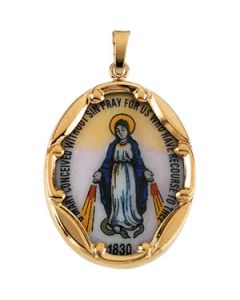 Porcelain Miraculous Pendant 14K Yellow Gold 25.00X19.50 Mm