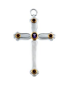 Genuine Amethyst And Mozambique Garnet Pectoral Cross Sterling Silver & 14K Yellow Gold 