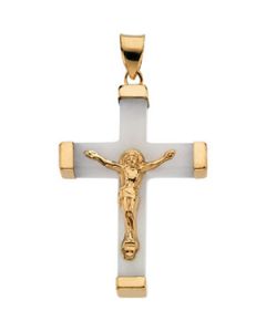 White Jade Square Crucifix 14K Yellow Gold 33.75X23.75