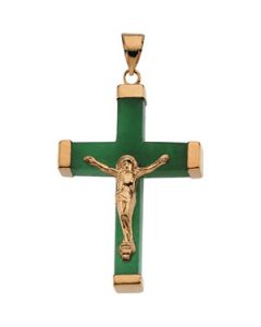 Green Jade Square Crucifix 14K Yellow Gold 23.75X23.5