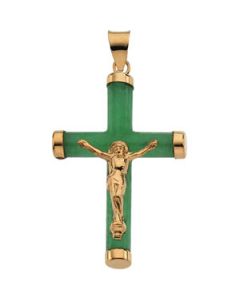 Green Jade Round Crucifix 14K Yellow Gold 33X23