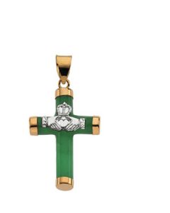 Green Jade Round Claddaugh 14K Yellow Gold 23.75X16