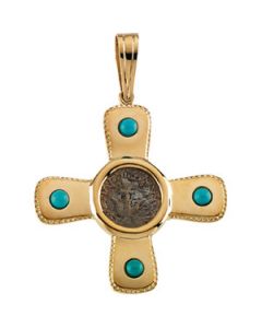 Turquoise Cross Pendant 14K Yellow Gold 35.25 X 35.50