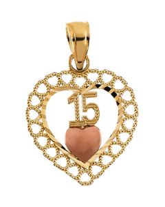 Two Tone 15Th Birthday Heart Pendant 14Ky_14Kr Gold 15.00 X 14.50 Mm Two Tone 15Th Birthday Heart Pendant