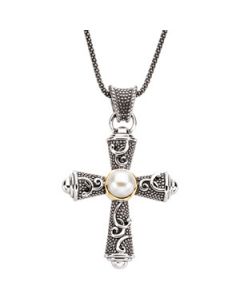 Freshwater Cultured Pearl Cross Pendant With 18 Chain Sterling Silver & 14K Yellow Gold 08.00 Mm Freshwater Cultured Pearl Cross Pendant With 18 Chain