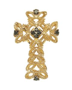 Black Diamond Cross Pendant W/ Yellow Gold Plating Sterling Silver  1/6 Black Dia Cross Pendant