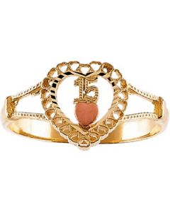 Two Tone 15Th Birthday Heart Ring 14Ky_14Kr Gold Size 07.00