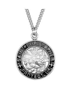 Black Enamel St. Christopher Medal With 24.00 Inch Chain Sterling Silver  24.50 Mm;P;Black Enamel St. Christopher Medal With 24.00 Inch Chain