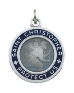 Dark Blue Enamel St. Christopher Medal With 18.00 Inch Chain Sterling Silver  19.00 Mm;P;Dark Blue Enamel St. Christopher Medal With 18.00 Inch Chain