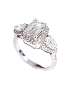 14k White Gold 3.5 ctw Emerald Cut Halo 3 Stone Classic Design VS-1 E Color IGI Certified Lab Created Diamond Engagement Ring