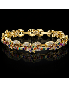 3.5 Carat Diamonds 10k Gold Infinity Links and Multi-Colored Stones Flowers Bracelet 8.5 inches 10mm