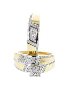 TOUSIATTAR Trio Rings Set 14k Yellow Gold- 3-Piece Wedding Engagement Rings  Band for Her and Him - Round Cubic Zirconia CZ for Couple Mens and Women 