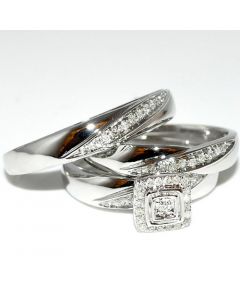 Real Diamond Trio Wedding Set 3pc Men & Womens Ring + band 10K White gold .15ct