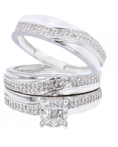10Kt White Gold His and Her wedding Trio Set 1.00ctw