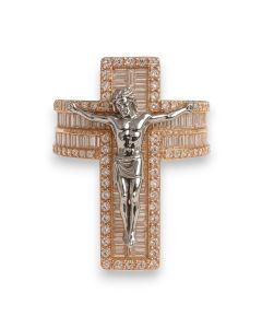 14KT Rose Gold Jesus Cross Ring – 2.00 CTW Baguette Diamonds, 12.75g, 27.73mm Wide