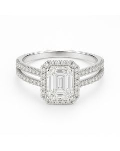 14K White Gold Emerald Cut Split Shank Halo Ring With 1.5CTW Natural Diamonds - 5.0GW - SI1-SI2 Clarity - G-H Color