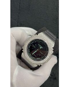 Custom Moissanite G-Shock GA-2100 Watch White Tone Bezel Black Band