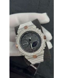 Custom Moissanite G-Shock GA-2100 Watch White Tone Dollar Bezel White Band