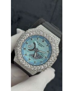 Custom Moissanite G-Shock GA-2100 Watch White Bezel black band Blue Face