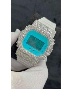 Custom Moissanite G-Shock DW-5600 Watch White Bezel Blue Face White band