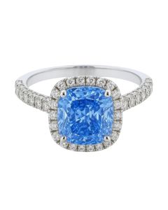 14K White Gold IGI Certified 3.38 CT Lab Blue Cushion Halo Diamond Ring