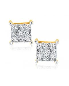 3/4cttw Diamond Princess Cut Earrings Invisible Set 10K Yellow Gold 8mm Wide